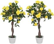 Outsunny Set of 2 90cm/3FT Artificial Rose Tree, Fake Decorative Plant with Pot, Indoor Faux Decoration Home Office Decor, Yellow