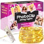 Photo Clips String Light - Copper String Lights (16.4ft) with 50 Transparent Clips & 50 Warm White LED - Fairy Lights with Clips for Pictures - Polaroid Hanging Clothespin String