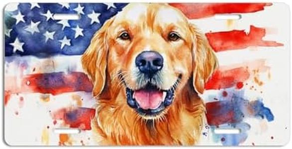 NGZ Golden Retriever License Plate, Funny Pet American Flag Painting Aluminum License Plate Suitable for Car, RVs, Bars, Fences, garages, etc. 12x6 Inch