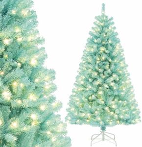 Costway 1.8M Blue Artificial Christmas Tree, Pre-Lit Hinged Xmas Tree w/ 758 Lush Branch Tips, 280 Warm White LED Lights, Foldable Metal Stand, Holiday Full Tree for Seasonal Home Office Decoration