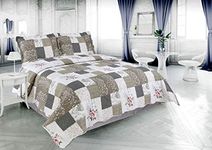Marina Decoration Rich Printed Embossed Pinsonic Coverlet Bedspread Ultra Soft 3 Piece Summer Quilt Set with 2 Quilted Shams, Rose Floral and Branch Plaid Pattern Taupe Grey Color Queen/Full Size