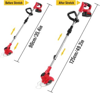 Cordless Electric Grass Strimmer 48V – 2 Batteries, Adjustable Metal Blades, Telescopic Lightweight Trimmer with Roller, Red
