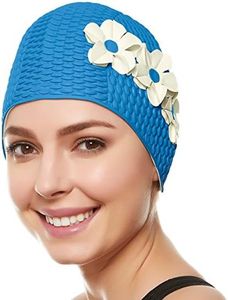 Beemo Latex Swimming Cap for Women, Swim Cap for Long Hair or Short Hair, Bath & Swim Caps to Shield Hair from Damage, Use as Large Shower Cap, Light Blue Swimming Cap with White Flowers