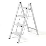 BOWEITI 4 Step Ladder Lightweight Folding Step Stool, Aluminum Portable Lightweight Ladder for Home and Office Use, Anti-Slip Pedal 330 Lbs Capacity Household Stepladder(White)