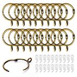 Curtain Rings and Hooks, 20pcs 32mm Internal Diameter Brass Curtain Ring Metal & with Curtain Hooks, Antique bronze Loose Leaf Ring - Easy to Open/Close, for Hanging Rings Curtains and Pole(Brass)