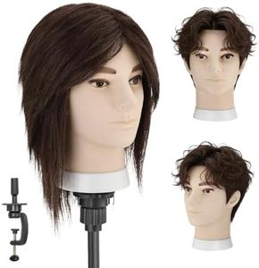 13" Male Mannequin Head, Training Head with 100% Human Hair, Mannequin Head Male for Hair Styling, Practicing Cut Styling（Dark Brown）