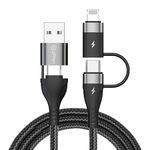 pTron Solero 4 in 1 Fast Charging USB Cable, Compatible with Oppo/Samsung/Vivo/Realme/iPhones, 65W Type C to Type C, 60W USB to Type C, 30W Type C to 8 Pin iOS, 15W USB to iOS, Nylon Braided(1M Black)