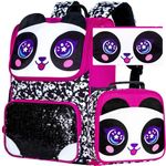 3PCS Kids Bookbag for Girls, Sequin Backpack with Lunch Box, 15" Preschool School Bag for Elementary Toddler Students - Black Panda