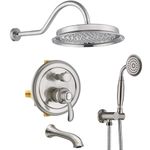 Homekicen Shower Faucet-Sets with Tub Spout: 9 inch Antique Rain Shower System, Wall Mount Rainfall Head and Handheld Spray, 3 Way Diverter Brass Valve with Trim Kit, Brushed Nickel