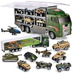 Joyfia 10 in 1 Die-cast Military Truck Army Vehicle Mini Battle Car Toy Set in Carrier Truck, Army Toys for 3+ Years Old Kids Boys Girls