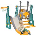 Qaba 4-in-1 Kids Swing and Slide Set with Basketball Hoop and Adjustable Seat Height, Toddler Play Climber Slide Playset for Indoor and Outdoor Playground Activity Center