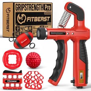FitBeast Grip Strength Trainer, Hand Gripper Strengthener Kit - 6 Pack with Adjustable Resistance Forearm Strengthener, Forearm Exerciser and Massage Balls for Hand Therapy, Grip Training (Red)
