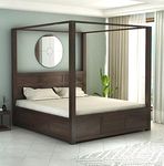 STRATA FURNITURE Solid Sheesham Wood Queen Size Poster Bed with Storage Wooden Double Bed for Bedroom Living Room Home (Walnut Finish)