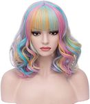 BERON 14 Inches Rainbow Wig Short Wavy Wig Rainbow Wigs with Bangs Bob Wig Colorful Wig for Women Wig Cap Include