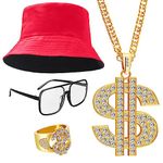 4PCS Hip Hop Costume Kit, 80s 90s Rapper Accessories, Dollar Sign Necklace and Ring Rapper Gold Chain Hat Sunglasses, Red