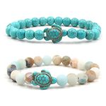 2 Pcs Turtle Bracelets for Women Sea Turtle Tracking Bracelet Elastic Natural Stone Stretch Lava Bracelet Turquoise Bracelets for Friends Couples