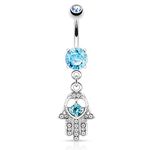 316L Surgical Steel 14 Gauge Belly Button Ring/Navel Piercing/Bananabell/Barbell With Hamsa Symbol/Talisman/Charm Shaped Pendant Decoration, Blue and Silver Crystals/Rhinestones