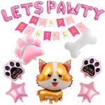 BlingABC Dog Balloons Set,17Pcs Cute Corgi Dog Bone Paw Print Lets Pawty Foil Mylar Balloons with Happy Birthday Banner for Kids Birthday Puppy Dog Animal Theme Decorations Party Supplies