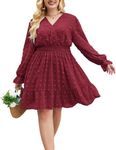 IN'VOLAND Womens Plus Size Smocked Dress for Women V Neck High Waist Ruffle Mini Dress Formal Maternity Dress for Babyshower Wine Red