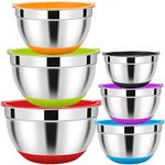 HaWare Mixing Bowls Set of 6, 100% Stainless Steel Nesting Bowls Set with Lids, Mirror Finish & Silicone Bottom, (Bright Colors), Heavy Duty & Dishwasher Safe - 4.5/3/2.5/1.5/1.2/0.7QT