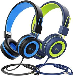 iClever [2 Pack] HS14 Kids Headphones with Microphone, Headphones for Kids with Safe Volume Limited 85dB/94dB, Adjustable Headband, Foldable Headphones for Boys/Girls/School/Travel/iPad, Blue&Green