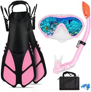 AosDero Kids Snorkeling Set with Flippers Panoramic Snorkel Mask Dry Top Snorkel Earplugs Gear Bag,Snorkeling Gear for Kids,Youth,Boys and Girls Age 5-12