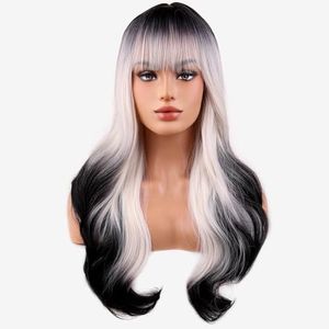 MAGQOO Black Blonde Ombre Wigs for Women Girls Black White Ombre Wig with Bangs Two Tones Ombre Colorful Wigs Halloween Cosplay Costume Party Wig