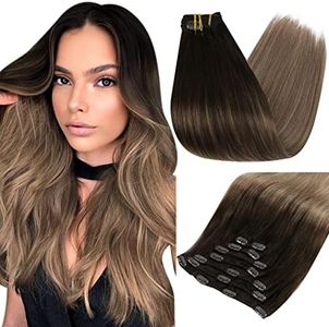 Full Shine Brown Ombre Clip in Hair Extensions Darkest Brown to Chestnut Brown Mix ash blonde Balayage Clip in Human Hair Extensions Ombre Clip in Hair Extensions Double Weft 7Pcs 80Gram 12 Inch