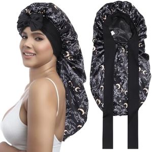 AWAYTR Long Satin Bonnet for Women - Double Layer Elastic Silk Bonnet for Braids Hair Sleeping Cap with Tie Band (Star and Moon+Black)