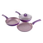 Wonderchef Granite Non-Stick 4-Piece Cookware Set|Frying Pan with Lid, Wok Dosa Tawa|Induction Bottom|Soft-Touch Handles|Pure Grade Aluminium|PFOA & Heavy Metals Free|2 Years Warranty|Purple