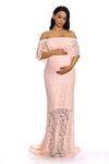 ZIUMUDY Women's Off Shoulder Ruffles Lace Maternity Gown Maxi Photography Baby Shower Dress (XX-Large, Pink)