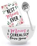 Mom's Cereal Bowl and Spoon Set with Best Mom Ever Greeting Card Christmas Mother's Birthday Engraved Gift Box Basket Idea for Her Cerealsly Love You Mommy Present Set of 3 Thanksgiving Mother's Day