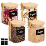 ComSaf 800ml Glass Jars with Bamboo Lids & Spoons Set of 4, Square Glass Containers with Lids, Tea Sugar Coffee Containers Salt Spice Jars, Pantry Storage Container for Loose Tea, Brown Sugar, Nuts