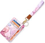 Slim Front Pocket Wallet RFID ID Card Holder Cute Small Wallet with Keychian for Women, Z Pink Marble+Lanyard, Card Holder+Lanyard, Minimalist