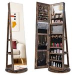 RELAX4LIFE 360° Swivel Jewellery Cabinet, Lockable Jewelry Armoire with Full-Length Mirror & 3-Color LED Lights, Freestanding Cosmetic Storage Organizer for Living Room Dressing Room (Rustic Brown)