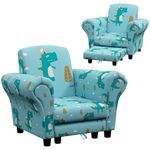 AIYAPLAY Kids Armchair with Stool, 2 Piece Kids Sofa Set with Dinosaur Design, Wooden Frame, Upholstered Kids Chair for Bedroom, Playroom, Kid Room, for 1.5-3 Years Old, Blue