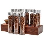 KNODOS Single Dose Coffee Bean Storage Tubes Coffee Bean Dispenser 10 Pcs Sealed Glass Test Tubes With Lids (2.02 Oz) Wooden Display Stand And Funnel Espresso Accessories For Coffee Bar