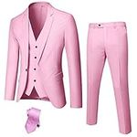 Hihawk Men's 3 Piece Suit with Stretch Fabric, Solid Slim Fit One Button Suit Blazer Set, Jacket Vest Pants with Tie., Light Pink, Medium