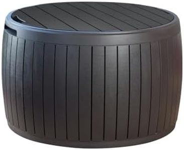 Keter Circa 37 Gallon Round Deck Box, Outdoor Storage and Patio Table for Outdoor Cushion Storage