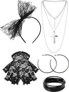 80s Fancy Dress Costume Accessories Lace Headband Earrings Fishnet Gloves Necklace Bracelet for 80s Retro Party (Black)