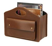 HofferRuffer Leather Magazine Holder Newspaper Rack with Handle Foldable Storage Basket with Little Front Bag Multipurpose Organizer Brown 13.8*11*6 Inch