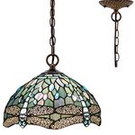 WERFACTORY Tiffany Pendant Lighting for Kitchen Island Fixture 12" Sea Blue Stained Glass Dragonfly Farmhouse Rustic Boho Hanging Lamp Industrial Chandelier Fixture Bar Hallway Dining Room Swag