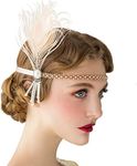 SWEETV 1920s Headpiece Flapper Headband, Pearl Peacock Feather Hair Band, Great Gatsby Accessoreis for Women, Blush Pink