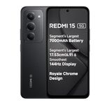 Redmi 15 5G Midnight Black 8GB + 256GB | Segment's Largest 7000mAhA Battery | Segment's Largest Display 17.53cm(6.9) Up to 144Hz | Snapdragon 6s Gen 3 | 18W Reverse Charging | 50MP AI Dual Camera