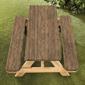 famibay 3 Piece Picnic Table Cover and Bench Covers Waterproof Polyester Camping Table Cover with Elastic Washable Fitted Picnic Table Cover for Rectangle Tables(Wood Grain,12" x72"+30" x72")