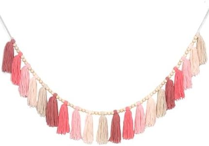 Tasruwat Pink Yarn Tassel Garland Boho Preppy Wall Hanging Decor Bunting Banner Tassels with Wood Bead for Nursery Classroom Office Birthday Party Baby Shower Kids Girls Dorm Bedroom Decorations