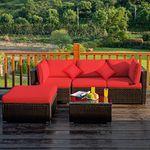 DORTALA 5 Piece Patio Furniture Set, Modular Outdoor Wicker Conversation Set w/Tempered Glass Table, Ottoman, Pillows, Free Combination All-Weather Cushioned Rattan Sectional Sofa Set for Backyard, Porch, Balcony, Red