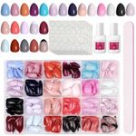 JUSTOTRY 24 Packs (576 PCS) Gel Almond Press on Nails Short,Glitter French and Solid Oval False Nails with Glue and Nail File,Glossy Stick on Nails with Jelly for Women,Fake Nails for Nail Art