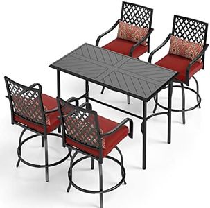 MFSTUDIO Counter Height Patio Bar Set of 5 with 1 Heavy Duty Metal Bar Table with 4 Pieces Red Cushion Metal Outdoor Stool