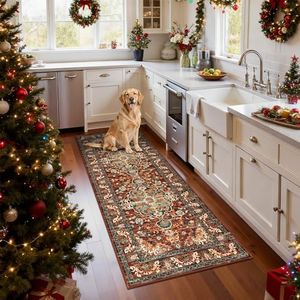 U'Artlines 2' x 5' Boho Hallway Runner Rug, Non Slip Washable Vintage Farmhouse Accent Area Rug Carpet for Kitchen Entryway Laundry and Living Room (Rust＆Teal)